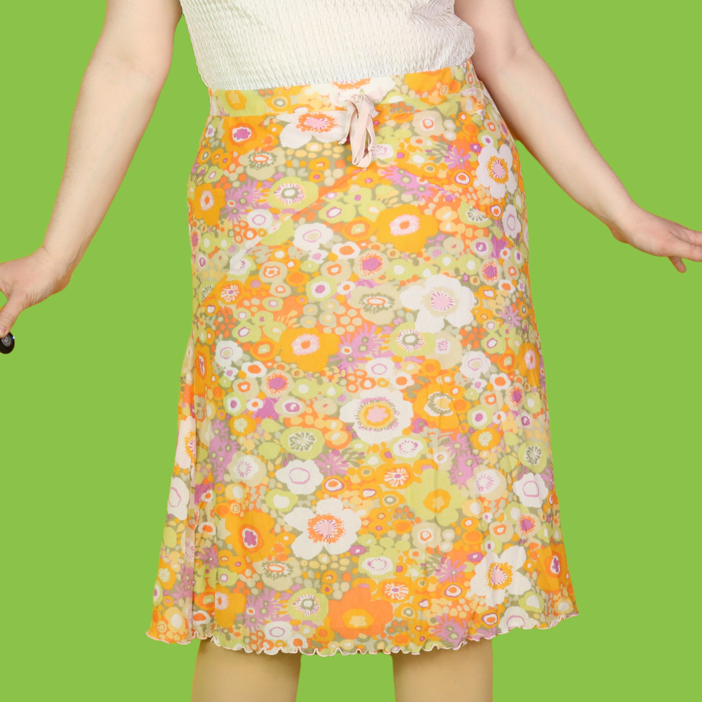 y2k Sigrid Olsen Retro Floral Mesh Skirt with Liner, Orange Pink Green, L
